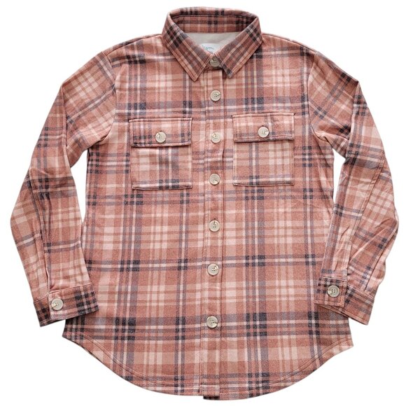 Salty Wave Tops - Women's Rust Navy and Cream Plaid Shacket Flannel Button Down Size Small